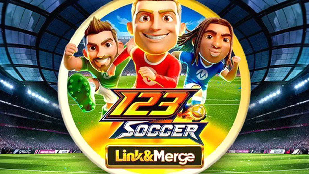 Tampilan antarmuka permainan slot 123 Soccer Link&Merge dengan tema sepak bola