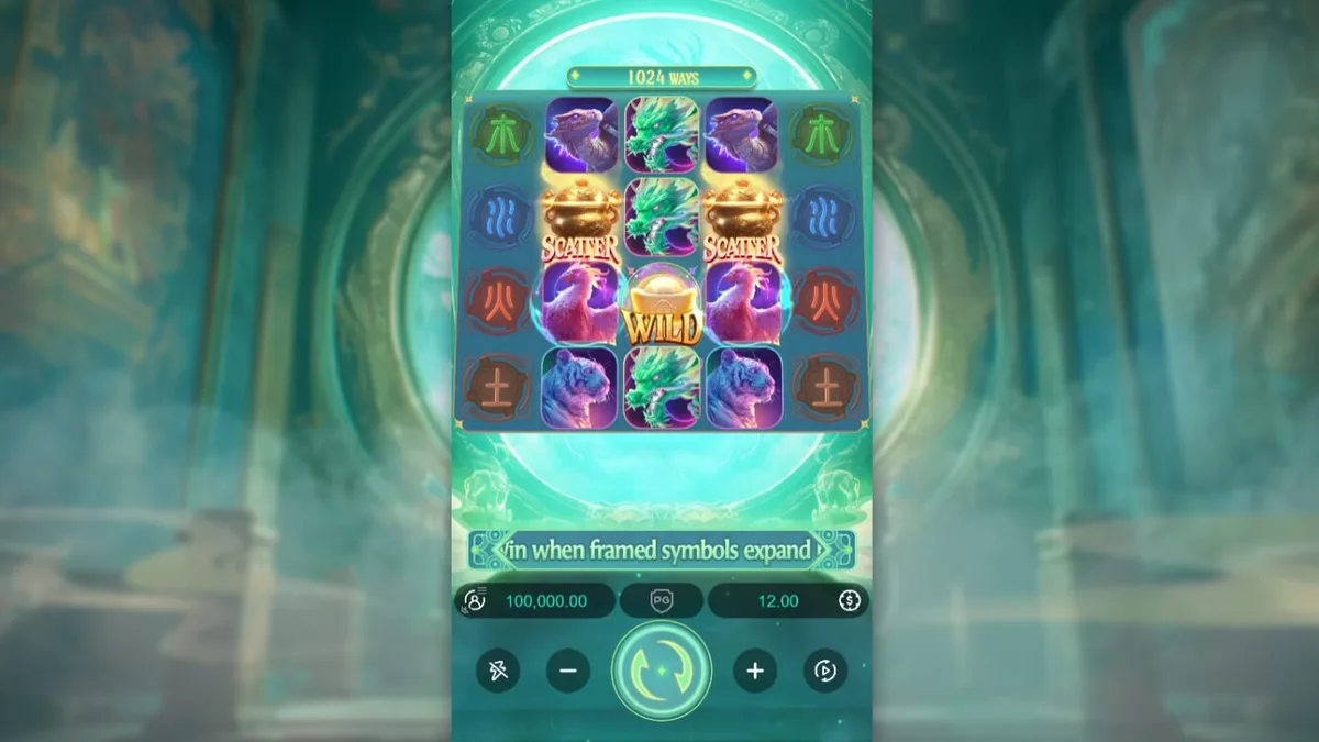 Tampilan visual slot Mythical Guardians dengan tema mitologi Tiongkok yang megah